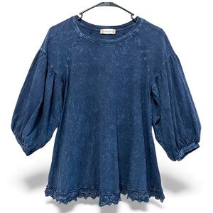 Altar’d State baloon sleeve crochet Hem Top, acid wash denim blue, size S